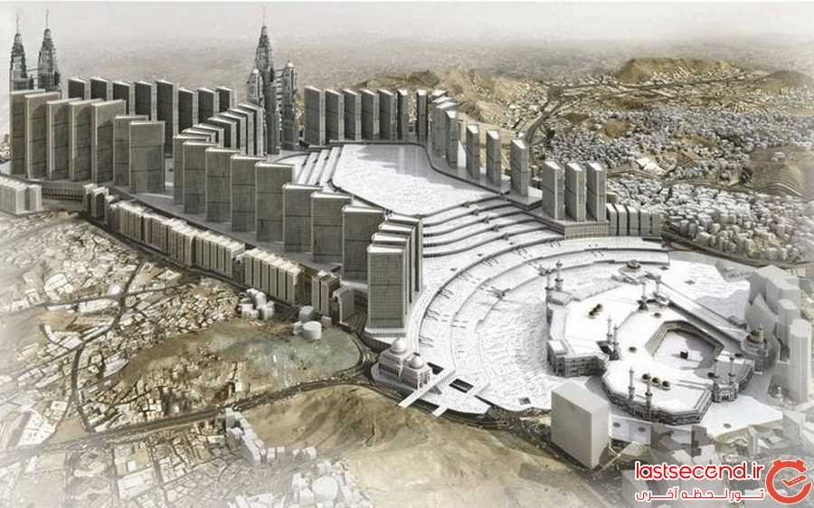  این تصویر نشان می دهد که بخش های شمالی مسجد بزرگ به چه شکل در خواهد آمد، نقطه ی سیاه کوچک کعبه است.
